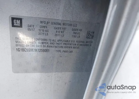 2017 Chevrolet Cruze Ls Auto z USA, uszkodzony, nr VIN 1G1BC5SM7H7259061